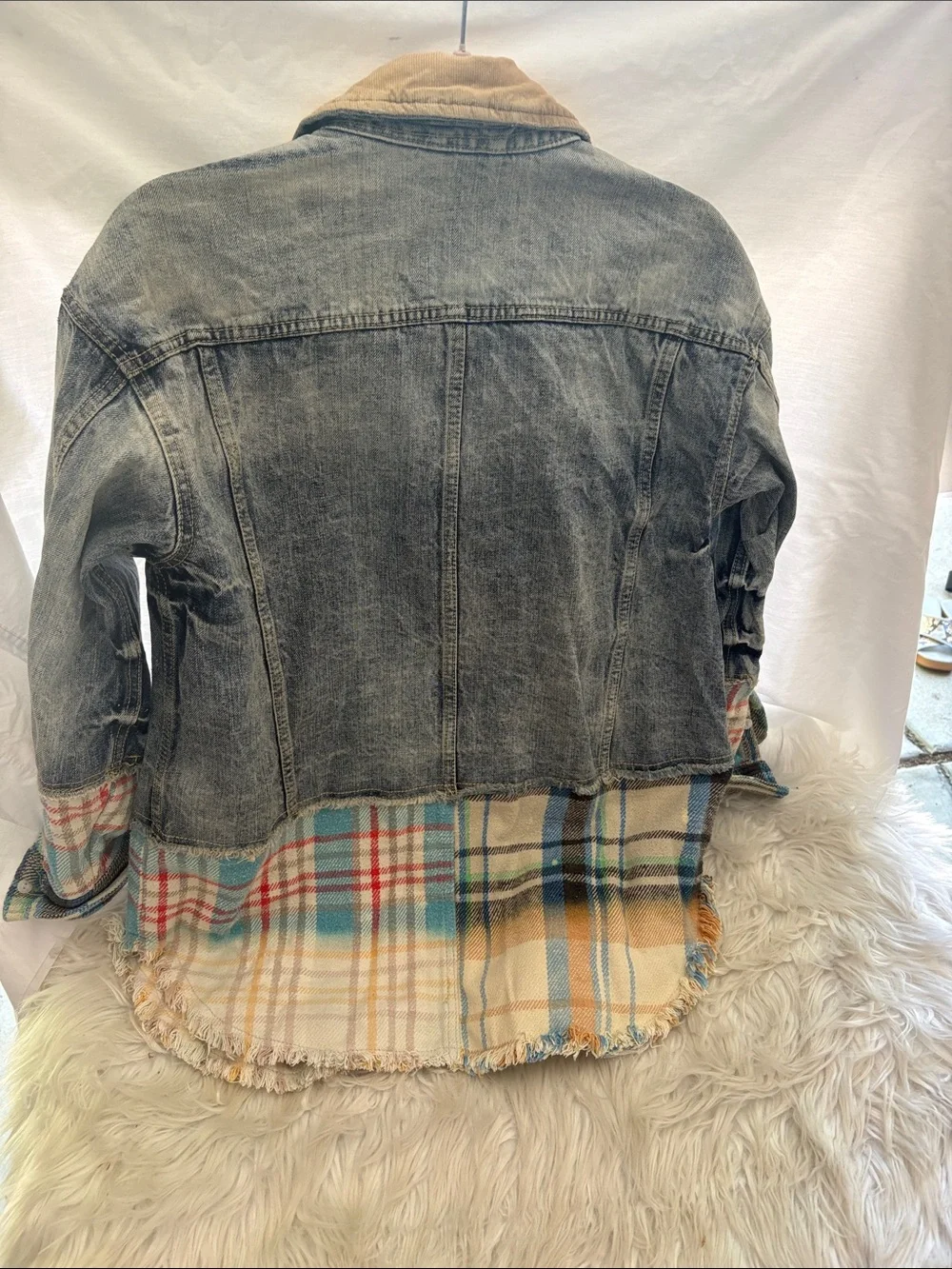 Free People Blue Denim Jacket with Tan Collar and Multicolor Plaid Hem - Picture 3 of 9